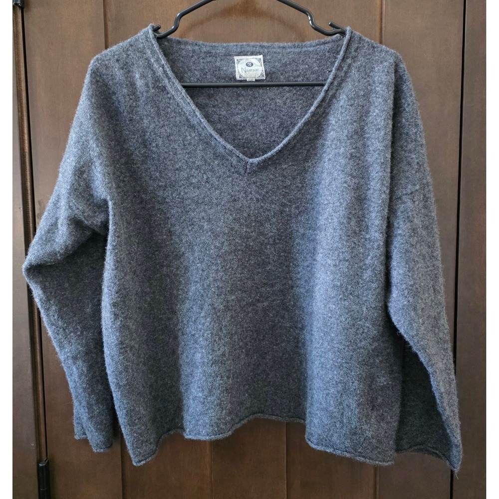 Namsar Womens Grey 100% Wool V-Neck Oversized Boxy Knit Pullover Sweater Sz S/M